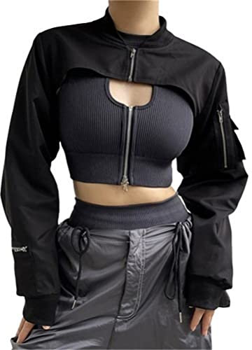 ORANDESIGNE Veste Cargo Femme Coupe-Vent Ample à Manches Longues Fermeture éclair Manteaux Légers Veste de Bombardier Rétro Y2k Veste de Sport de Baseball Vintage Streetwear N Noir XS
