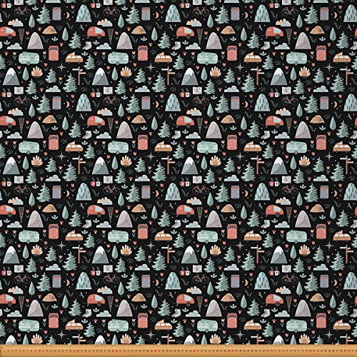 Camping Stoff Meterware Karikatur Wohnmobil Polsterstoff Süßer Baum Zelt Berg Dekostoff Blumen Wolken Mond Drinnen Draußen Stoff Camper DIY Kunst Wasserdichter Stoff Blau Orange 184 x 150 (HxB)