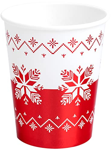 Horeca Collection 6 Unidades - Vasos Desechables Cartón 270 CC con temática Navideña con Bordado Rojo. Vaso cartón biodegradables Navidad, 100% reciclables Celebraciones y Eventos.
