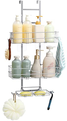Estantería de Ducha Para Colgar en la mampara, Estanteria Metalica de Acero Inoxidable, Estantes Cesta sin Taladro, Organizador de Baño con Ganchos, Plata