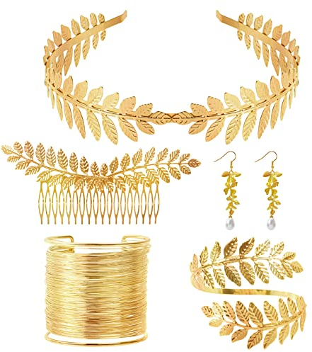 Nswayy 5 Stück Griechische Göttin Kostüm Schmuck Set Hochzeit Brautschmuck Oberarmreif Ohrringe Lorbeerkranz Haarspange Armband Goldene Hochzeit Boho Blatt Haar Krone Accessories Mädchen Damen