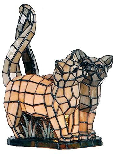 HAES DECO - Tiffany Tischlampe Katzen 27x18x35 cm Beige Grau Glas Tiffany Lampen Nachtlicht Buntglas