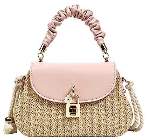 Sac à bandoulière en paille pour femme - Sac à bandoulière tissé à la main en cuir avec poignée sur le dessus - Petit sac à main bohème en rotin, Rose-a, Taille unique