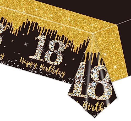 137x274cm Tischdecke 18. Geburtstag, Schwarz Gold Geburtstagsfeier, Happy 18th Birthday Abwischbar Kunststoff Rechteckig für Mann Frauen Party Dekor