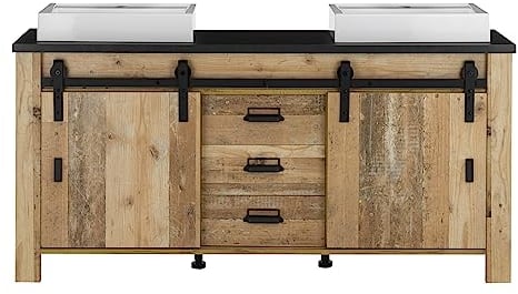 Furn.Design Doppelwaschtisch in Used Wood hell und anthrazit Waschtisch Set inkl. 2 x Waschbecken 164 cm, Stove