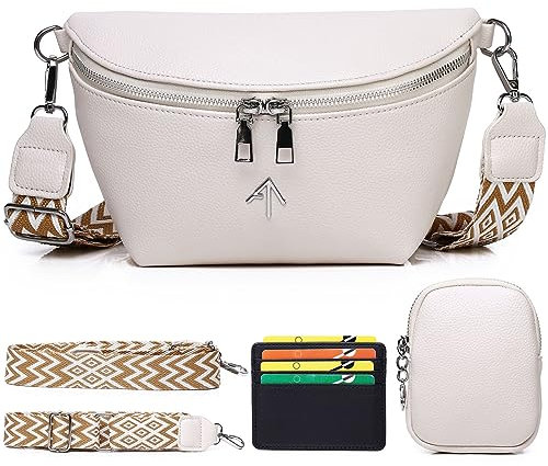Elsaybro bauchtasche damen stylisch brusttasche Crossbody Bag Damen Breiter Gurt veganes Leder Weiss Kreditkartenpaket senden und mit münzgeldbörse
