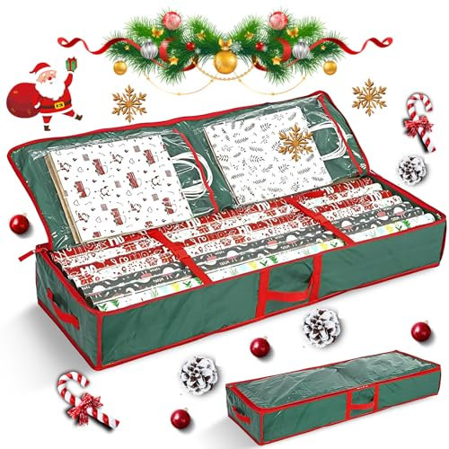 Aufbewahrungstasche für Geschenkpapier, 106x35x15 cm Geschenkpapier Aufbewahrung Reißfest, 600D Oxford Tuch Geschenkpapier Organizer mit 3 Fächern für Bänder Schleifen Weihnachtspapier Dekorationen