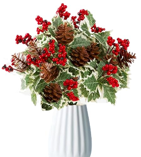 Shitailu Artificial Christmas Flowers Holly Red Berries Picks Pinecone Stems 12' Long for Christmas Vase Home Garden Party Arrangement Table Centerpieces Decorations Wreath and Xmas Tree 4 pcs