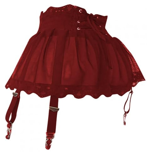 Mini Jupe Maille Sexy Femme avec Porte-Jarretelles et String Culotte Dentelle,Robe Courte Lingerie Nuisette Transparente Taille Haute,Micro Jupe 4 Clips Bas,Sous-Vêtements Soirée Clubwear (Burgund)
