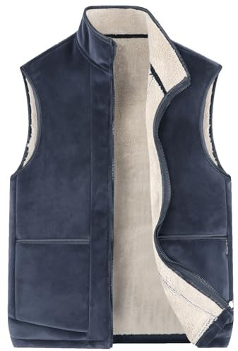 Detwen Gilet invernale da uomo, con calda imbottitura, in velluto, morbido gilet in pelliccia con colletto rialzato, Blu, M