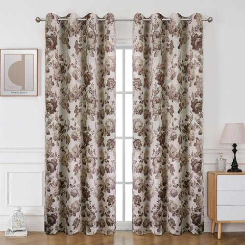 BUHUA 2er-Set Blickdicht Vorhänge mit Blumen Vintage Vorhang Rural Gardinen Ösenvorhang Elegante Verdunkelung für Schlafzimmer Wohnzimmer, H 245 x B 132 cm, Braun Beige