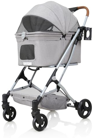 Beberoad Faltbarer Hundebuggy bis 15kg, Hundewagen mit Regenschutz und Storage Basket, Hundetrolley mit Kissen, Katzenwagen mit 4 Rädern, 360° Vorderrad, Katzenbuggy für kleine Hunde Katzen (Grau)