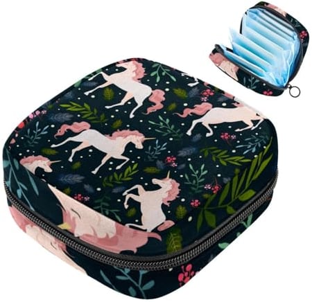 Aufbewahrungstasche für Damenbinden, schönes Einhorn und Blätter, tragbare Menstruationseinlage, Slipeinlagen, Tampons, Damenbinden, Aufbewahrungshalter für Damen, Schule, Büro