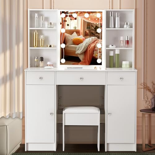 Dressing Table with Mirror and LED Light, Vanity Table with 3 Color Adjustanble Brightness, Dressing Table with Stool and 3 Drawers Storage Cabinet
