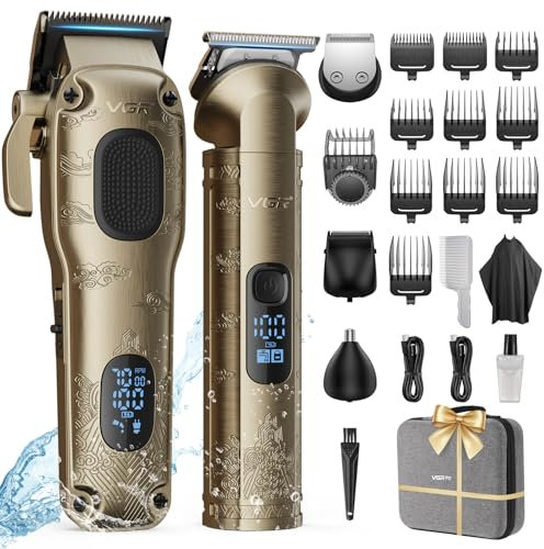 Vgrpro Tondeuse Cheveux Hommes Professionnelle, Tondeuse Cheveux Sans Fil pour Coupe de Cheveux, Kit Tondeuse et T-lames Trimmer Homme, Tondeuse Électrique pour Homme avec Boîte d'Emballage(Gloden)