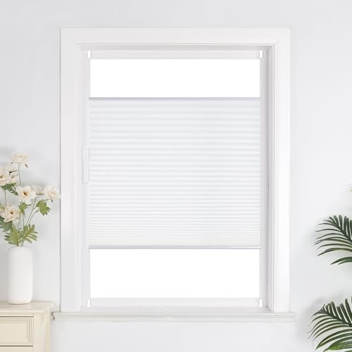 Joyswahl Plissee Rollo ohne Bohre, Klemmfix, Sonnenschutz, Lichtdurchlässig, Sichtschutz, Faltrollo mit Klemmträger für Fenster 1er Pack Weiß BxH 75x130cm