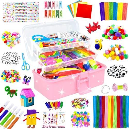3000 Bastelset Kinder DIY Basteln Bastelkoffer für Kinder Bastelzubehör alle in Bastelbox Bastelmaterial Scrapbooking mit Pfeifenreiniger Bastelsets für Mädchen Jungen 4 5 6 7 8 Jahre Geschenk, Rosa