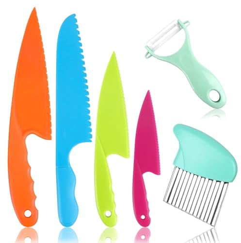 SULOLI Kitchen Safety Knives for Kids, 6PCS Children's Cooking Knives Plastic Cutting Board Grip Serrated Edges for Vegetables Fruits Salad Cake