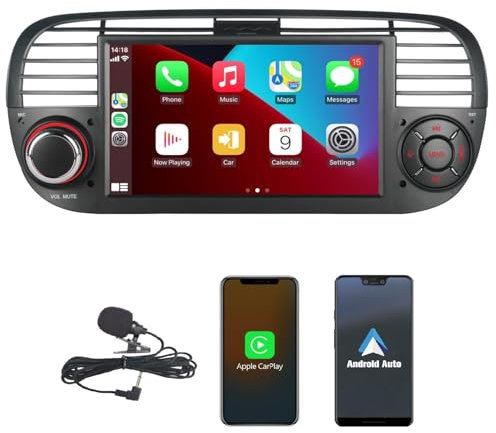 Autoradio Fiat 500 2007-2015 wireless Carplay & Android car, 7inch Fiat 500 Car Radio with Bluetooth 5.0 Touchscreen RDS/AM/FM/USB DSP Mirror Link Subw EQ Steering Wheel Control- Black
