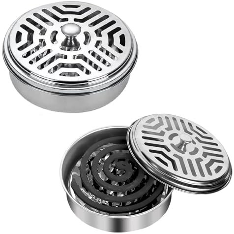 Support de Bobine de Moustique,Porte-Encens en Métal Classique,Supports en Spirale de moustiques Acier Inoxydable,Porte-Encens Ronds avec Couvercle,Mosquito Coil Holder pour Maison,Jardin(2 Pièces)
