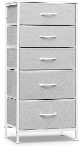 WOLTU Commode, Meuble de Rangement, Chiffonnier avec 5 Tiroirs en Tissu, Armoire, en MDF Cadre en métal, Gris Tourterelle + Blanc Nuage, SSK004hgws