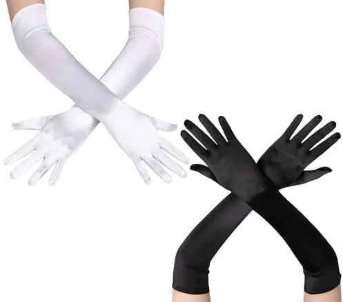 WUSANNA 2 Paar Handschuhe Lang Handschuhe Schwarz Lang Samthandschuhe Satin Classic Abendhandschuhe 1920er Handschuhe für Classic Opera Party Halloweenkarneval Kostüm