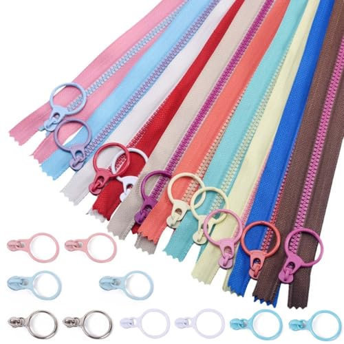 10 Pezzi Colorata Resina Cerniere con Corda Cerniera, 30cm Chiusura Lampo Colorata con Anello in Metallo, Cerniere Lampo, Artigianato, DIY Borse e Vestiti,Viene fornito con 10 estrattori circolari