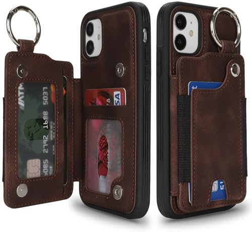 SailorTech Case for iPhone 11 Phone Case with Keychain Ring Credit Card Holder for Women, iPhone 11 Leather Case Wallet with Kickstand Card Slots Fashionable Case for Men - Dark Brown