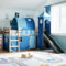 IKAYAA Cama Alta para Niños con Tobogán y Escalera de Madera Pino, Cama Infantil Alta 90 x 200 cm con Tobogán, Cama Niño Infantil con Ventana y Torre Azul