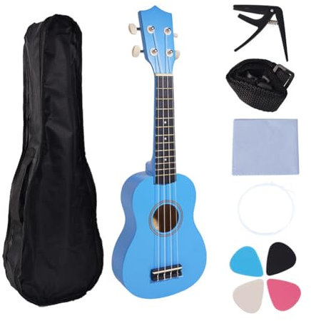 Sessleger Ukulele-Set 21 für Anfänger, kleine Gitarre mit 4 Saiten, Ukulele aus Lindenholz, mit Transporttasche und 4 Plektren, blau, einfache Installation, einfach zu bedienen