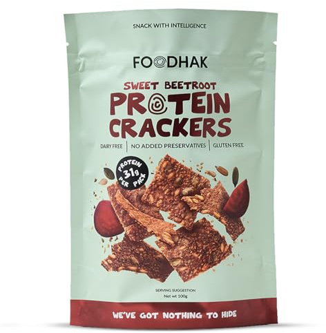 FOODHAK Sweet Beetroot Protein Gluten Free Crackers - High Protein Healthy Keto Snacks, Tasty Snacks with Pumpkin & Chia Seeds, High Protein Vegan Crackers with Flaxseed Millet Flour (100g)