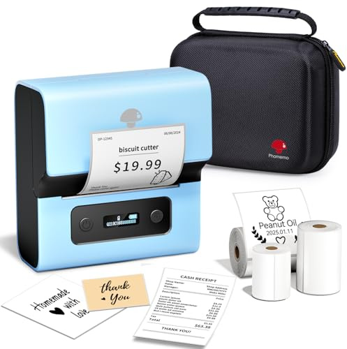 Phomemo M221 Etikettendrucker, Bluetooth Thermo Etikettenmacher Set,Tragbarer Etikettiergerät für Kleinunternehmen,Haushalt,Schule,Aufkleber Drucker mit 3 Rollen Etiketten und 1 Tragbare Tasche -Blau