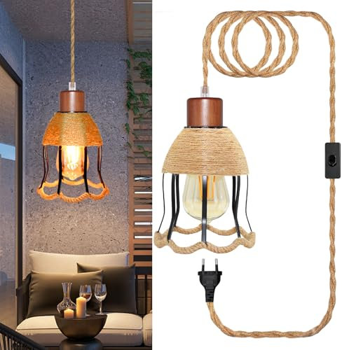 Kit di Lampadario a Corda di Canapa con 500 CM Cavo, Legno di Noci Portalampada E27 Corda con Spina, Inclusi Fiore Forma Paralume, Lampadario Corda Canapa, Lampada Sospensione, Industriale Stile