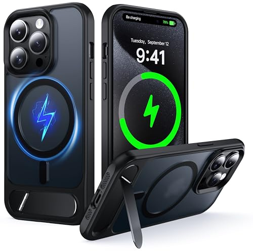NJROW Magnetic Stand for iPhone 15 Pro Case Compatible with MagSafe Black | [Stand & Wireless Charging 2in1] [Flush Hidden Kickstand] [Military Shockproof] Slim Translucent Matte,Black