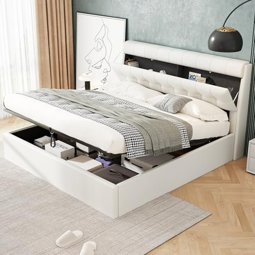 Upholstered Bed Frame with Hydraulic Lever & Concealed Storage Headboard, 4ft6 Double Bed Frame with Wooden Slats, PU Functional Ottoman Gas Lift Up Storage Beds, Cream White Double Beds, No Mattress