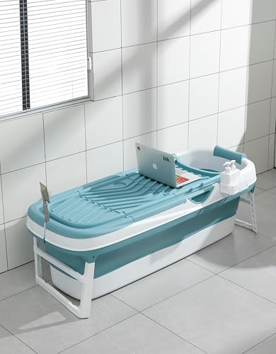 Faltbare Badewanne für Erwachsene, ideal für kleine Bäder (Blau mit Deckel - 158 cm)