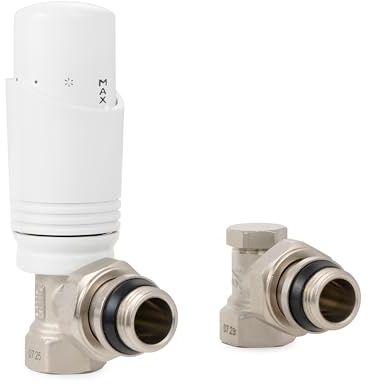 VANCOCO G1/2 Thermostatventil + Rücklaufventil mit verbessertem Dichtring, Eckform für Heizkörper, Weiß+vernickelt, mit Flüssigfühler und Frostschutzstellung