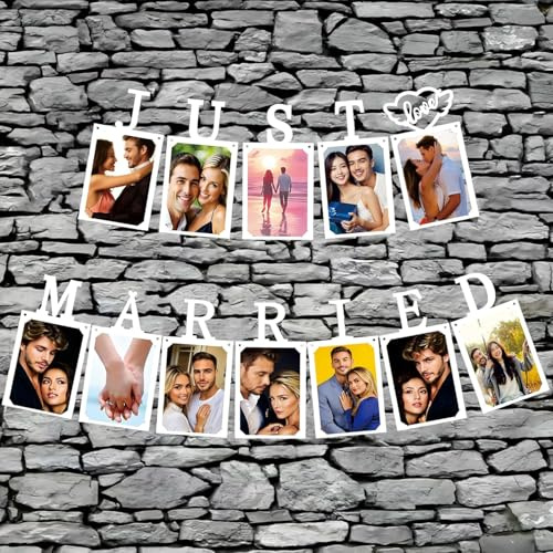 Just Married Girlande fotogirlande Vintage Rustikal Wimpelkette Banner mit Seil Hochzeitsgirlande als Deko für Hochzeit Fest Party Brautdusche Junggesellinnenabschied oder Foto Photo Booth Fotografie