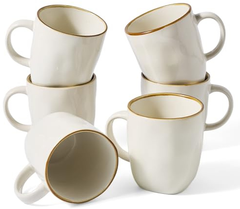 Richmount Ocean Kaffeetassen 6er Set, 384 ml (13 oz) Tassen, Beige | Becher mit Henkel, Steingut Tassen für Küche, Spülmaschinen- & mikrowellensicher, für Kakao/Milch/Tee