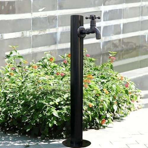 Hamankim Robinet de Jardin sur Pied en Acier Inoxydable, Colonne Noire autoportante avec Robinet, Fontaine décorative, Robinet d'extérieur antigel pour Cour(Height: 60cm/23.6in)