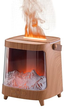 Flammen Aroma Diffuser mit Flamme, 200ml Luftbefeuchter mit Schneelandschaft und 7 Farben LED Licht 2/4/8h Timer Automatische Abschaltung, Leder-Traggriff für Schlafzimmer, Büro, Yoga
