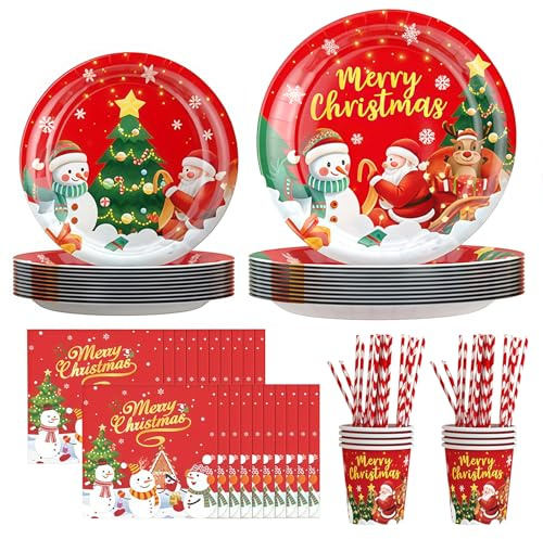 Weihnachten Partygeschirr Set, 128 Stück Weihnachten Partyzubehör mit Pappteller Servietten Pappbecher Papier Pipette, Weihnachts Party Papier Geschirr Set (16 Gäste)