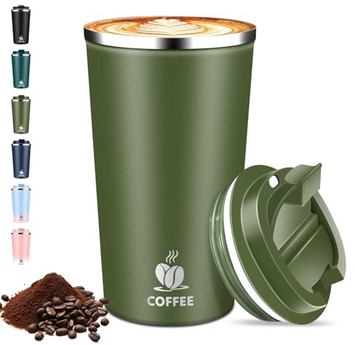 Thermobecher Kaffeebecher to Go - mit Deckel, 510ml Isolierbecher Edelstahl Travel Mug, Auslaufsicherer Thermo Becher für Heiße & Kalte Getränke, Reisebecher für Auto, Büro, Reise (Olivgrün)