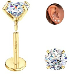 SLLAISS Boucle d'oreille Moissanite Titane G23 Femme Homme | Piercing Oreille Helix Tragus Plat Dos Vissé Boucles d'oreilles Médicales Hypoallergénique pour Cartilage Lobe 0.2-3CT