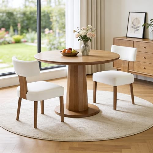 Relbiety Lot de 2 Chaises de Salle à Manger rembourrée en Lin sans Accoudoirs, Chaise de Cuisine avec Dossier Pieds en Bois Chaises à dîner pour Salon,Cuisine,Café,Crème Blanc