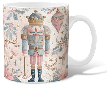 Nutcracker Ceramic Coffee Mug, Christmas Fanciful Holly Deer Xmas Peach Novelty Office Drinking Cup with Handle Gift for Friends Family Coworkers Teachers Couples Employees 15 Oz