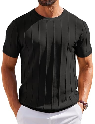 COOFANDY Tee Shirt Homme col Rond T-Shirt Tricoté à Manches Courtes Pull D'été à Rayures T Shirt Décontracté Shirt