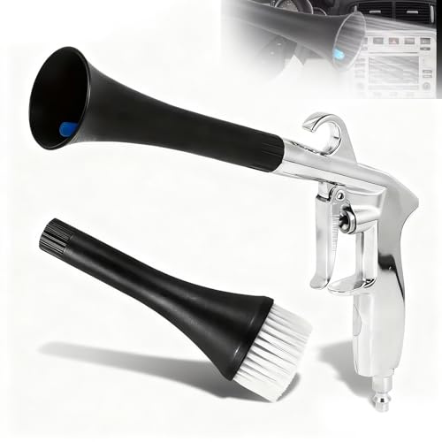 Druckluft Reinigungspistole, Trocken Ausblaspistole 6-9,2 Bar Druckluftpistole mit Bürste Hochdruck Luftpistole für Auto Armaturenbrett Ledersitze Teppich (Silber)