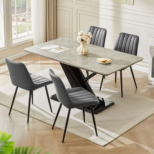 LEMROE Grey Dining Chairs Set of 4 Faux Leather, Metal Legs Kitchen Chair | Armless Accent Chairs Upholstered Seat with Backrest, Waterproof for Kitchen Dining Room Bedroom Office Reception Room Modern
