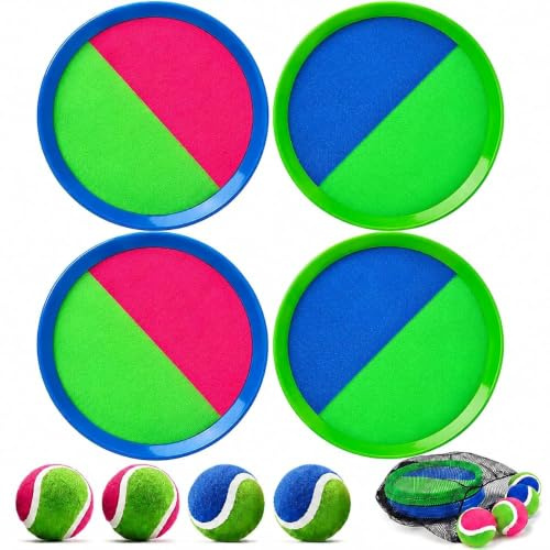 Balle Raquette Scratch Jeux, Jouets de Plage Balles en Velcro, 4 Raquettes avec Scratch + 4 Balles, Jeu Catch Ball et Toss, pour Enfants et Adultes, idéal pour Les Plages en été